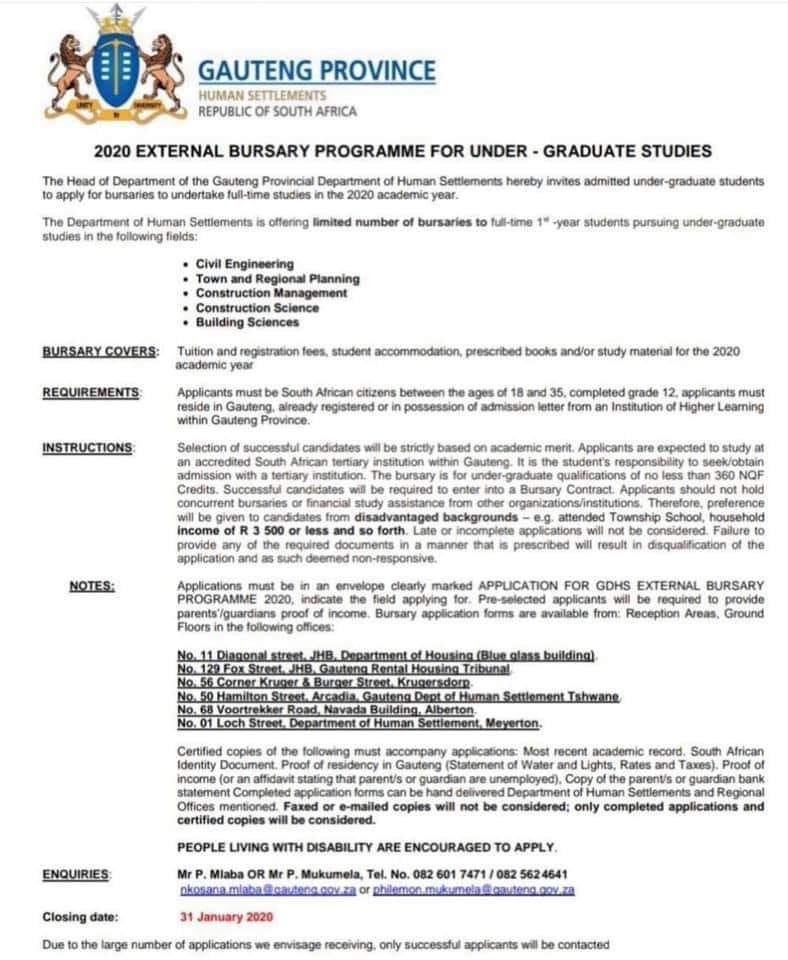 2020 Under-Graduate Bursary Opportunity Gauteng Human Settlement