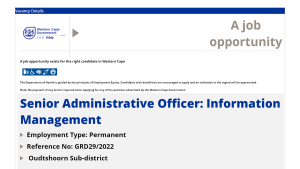 Western Cape Department of Health Senior Administrative Officer: Information Management