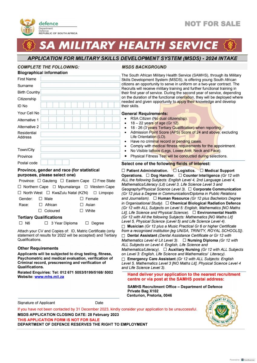 South African Military Health Service Training Programme 2023 / 2024