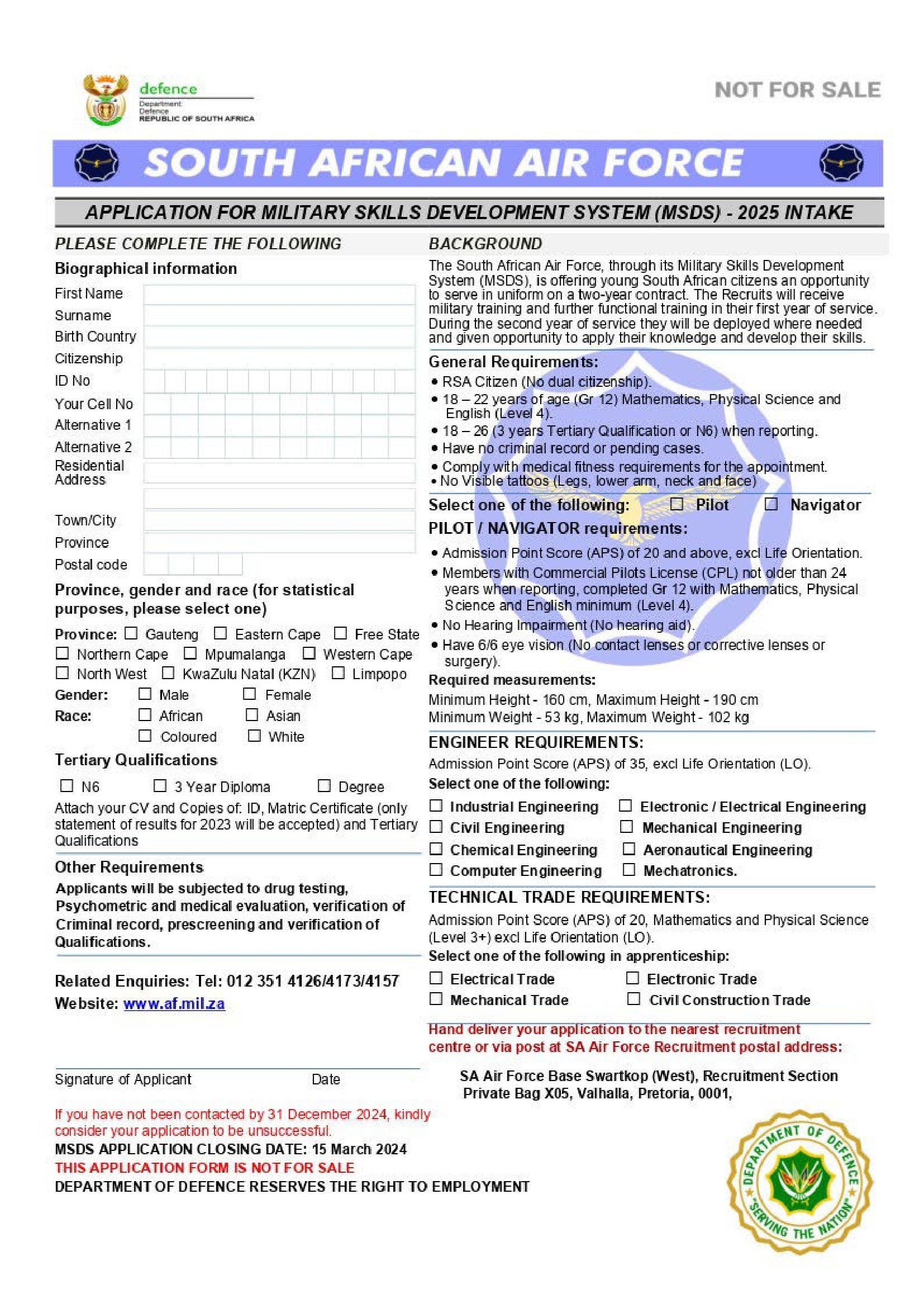 SA Air Force Application Form - Pilot / Navigator