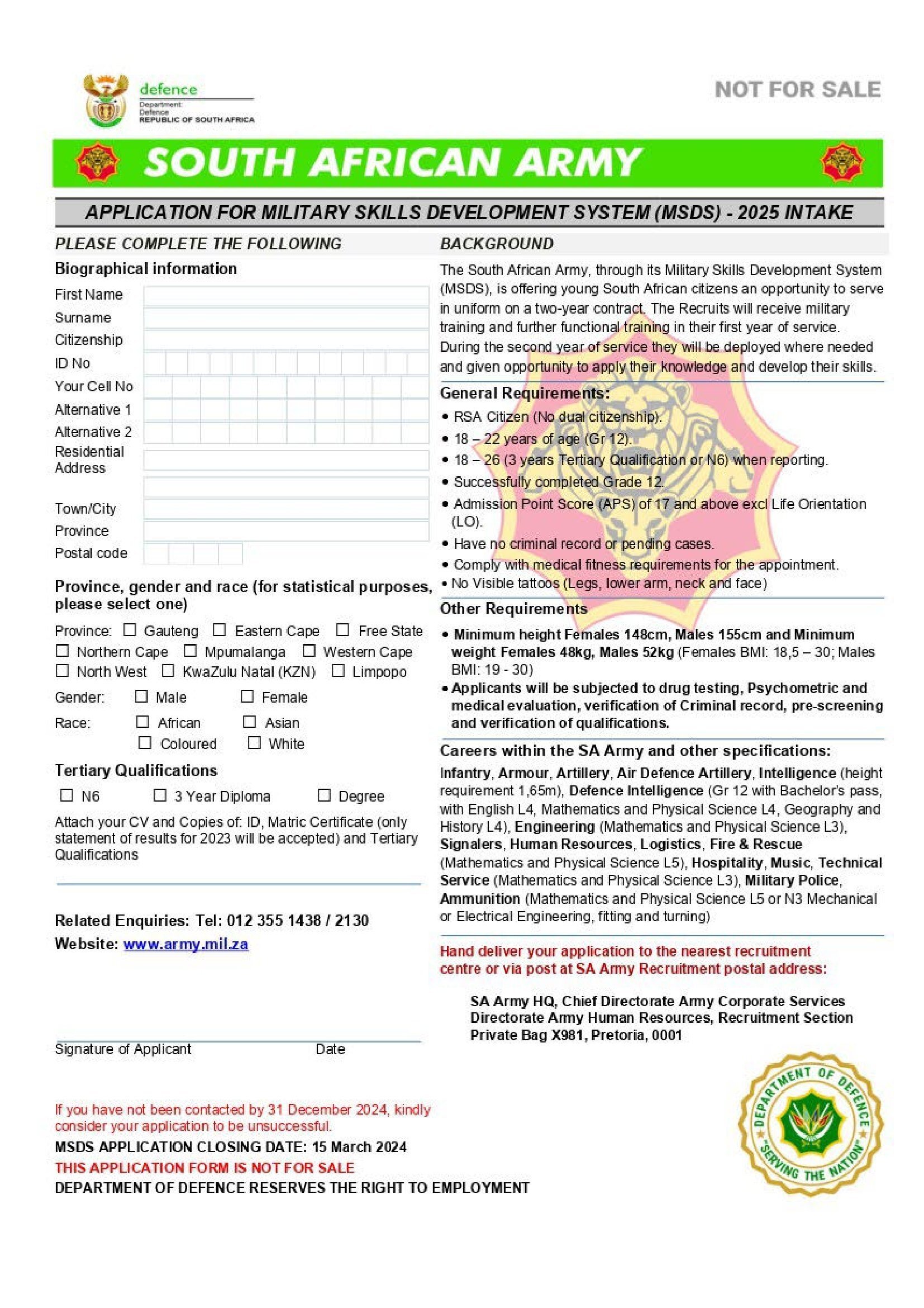 SA Army Application Form